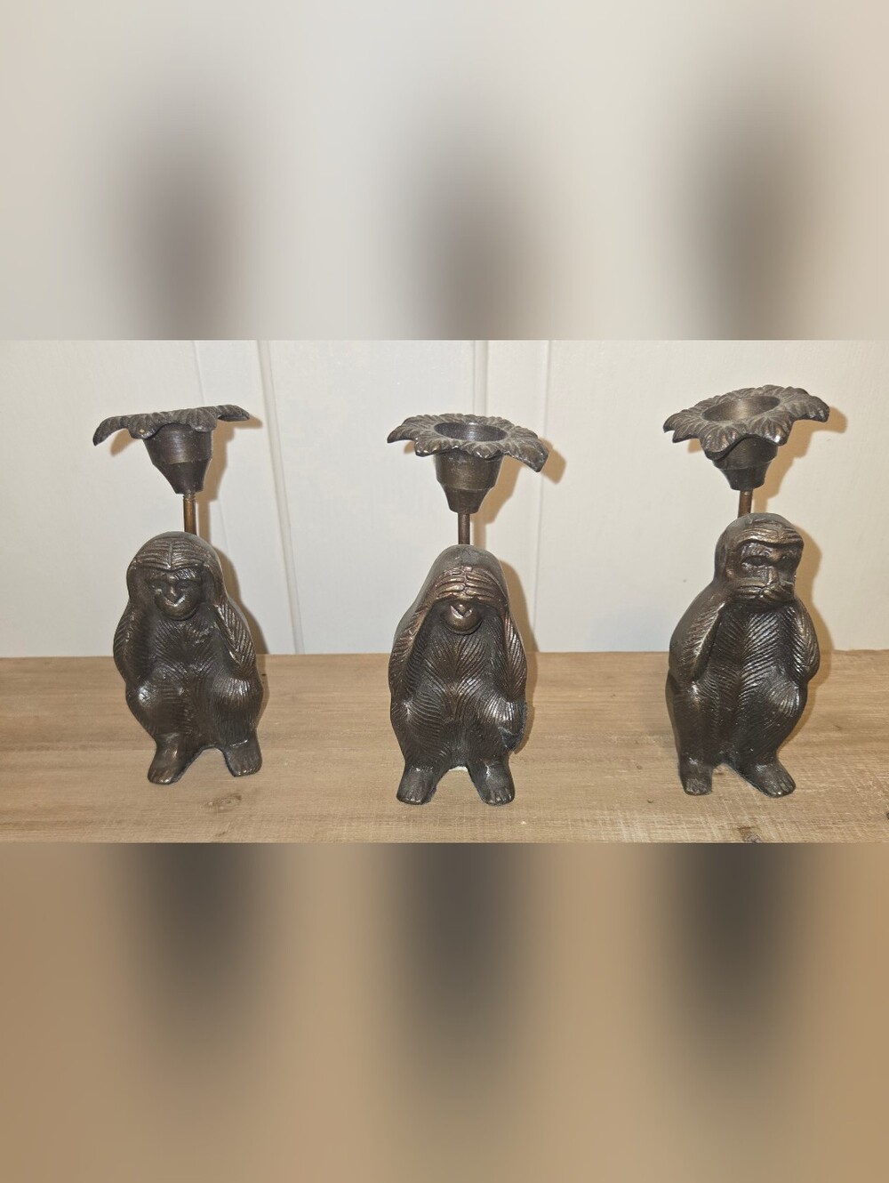 Set of 3 Black Monkey Candle Holders - Decorative Home Accent